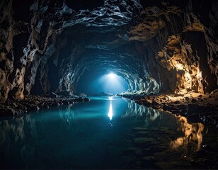 Mysterious cave with a tranquil lake