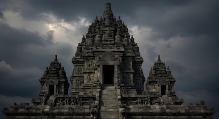 Top-down aerial view of a small candi surrounded by green rice fields