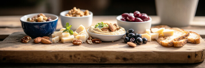 Fototapeta premium A beautifully arranged breakfast board with slices of bread topped with walnuts and blueberries, complemented by a bowl of hummus and olives, set in a warmly lit kitchen, banner