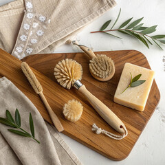 Eco-Friendly Cleaning Brushes and Natural Soap on Wooden Board – Sustainable Home Essentials Flat Lay

