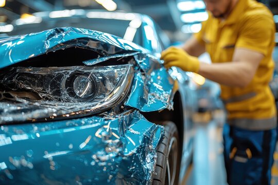 Damage assessment of a blue sports car after collision repair in an auto body shop
