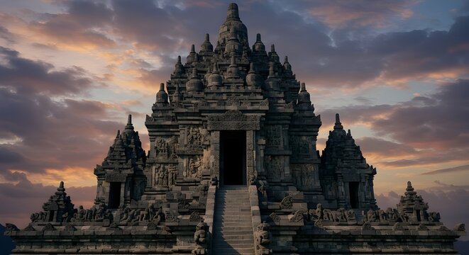 Candi Gedong Songo on a misty mountain slope with detailed stone and moss texture