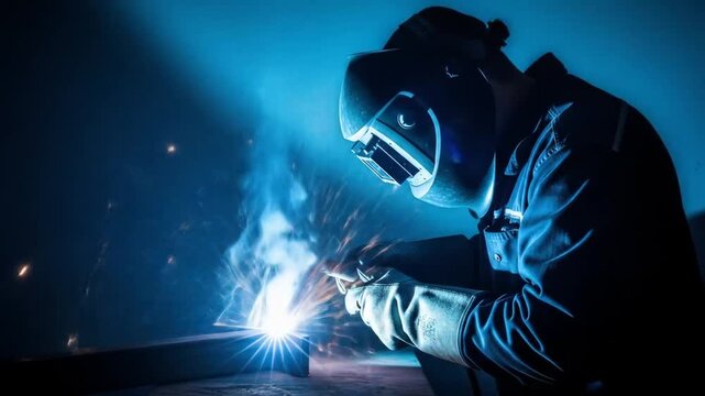 A skilled worker using advanced welding equipment to join metal components with sparks and bright light in a manufacturing environment showcasing precision and industrial techniques