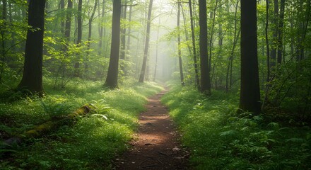Obraz premium A lush forest trail with early spring greenery soft morning mist