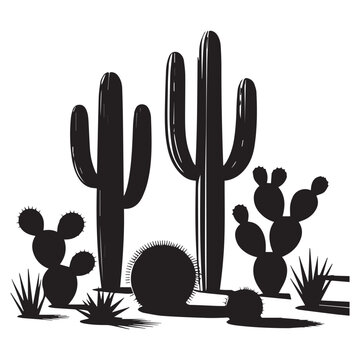 A striking silhouette of various cactus species creates a stark and beautiful desert landscape, isolated on white background