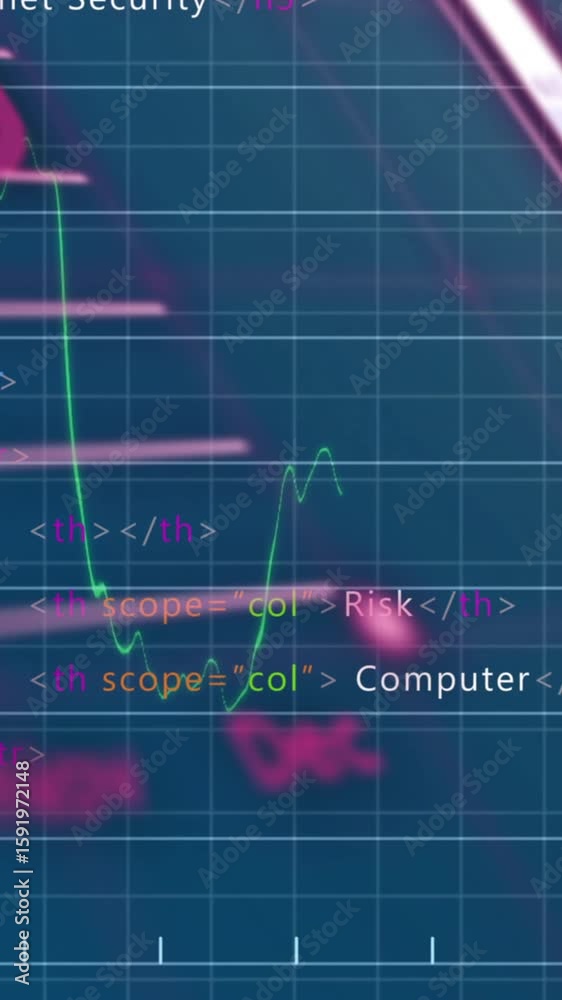 Poster financial data and coding elements animation over fluctuating stock market graph