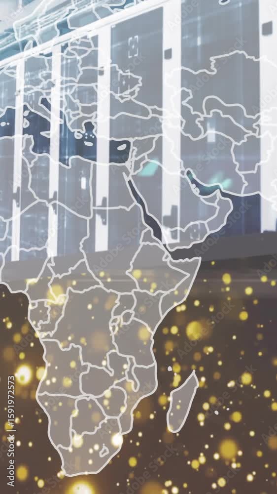 Poster animation of glowing data points over world map in server room with connections