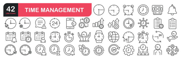 Set of line icons related to time management, business, . Outline icons collection. Editable stroke. Vector illustration