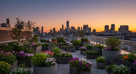 A vibrant spring rooftop garden with potted plants city skyline at dusk