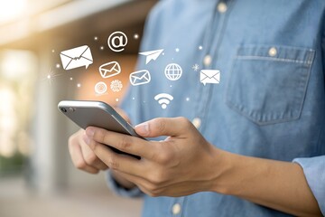 Alert notification concept. Push Notifications, Web Reminders, Time Table and Announcements. Person using smartphone with notification icon on virtual screen.