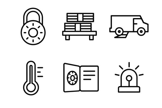 out stroke icon combination lock wheel currency bundle shelf armo cart ramp temperature monitor vault log book standby emergency mono icons style isolated