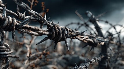 Barbed wire in the foreground creates a stark contrast against a blurred, dark background. The image evokes themes of confinement and the struggle for freedom.