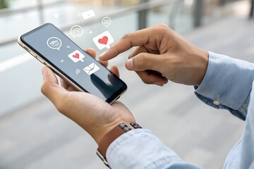 Alert notification concept. Push Notifications, Web Reminders, Time Table and Announcements. Person using smartphone with notification icon on virtual screen.