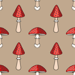 Seamless vector pattern featuring whimsical hand-drawn illustrations of red toadstools with white spots, alternating between classic and stylized shapes, on a muted beige background.