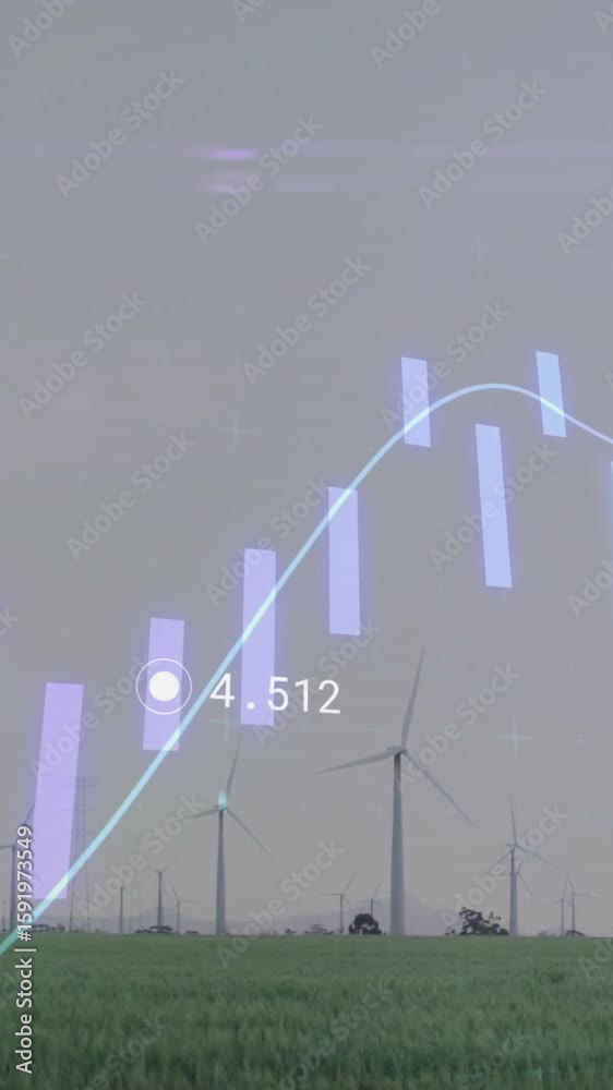 Poster wind turbines in field with financial data processing animation overlay