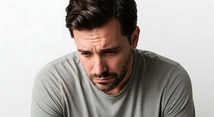 Fototapeta premium An adult man in a casual t-shirt looking sad head bowed on a white background