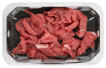 Fresh meat cut into pieces in plastic box top view cut out isolated transparent background