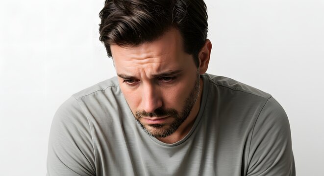 An adult man in a casual t-shirt looking sad head bowed on a white background