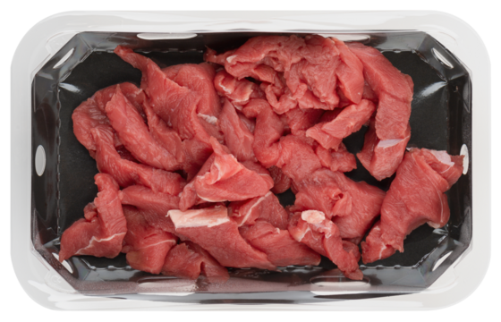 Fresh meat cut into pieces in plastic box top view cut out isolated transparent background