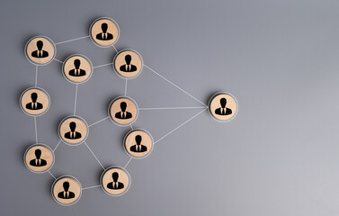 Wooden blocks with businessperson icons connected by lines, representing team structure, business...
