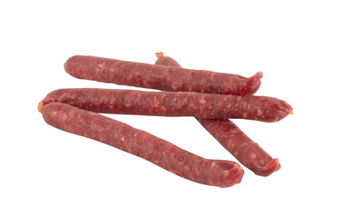 Long round fresh salami pile cut out isolated transparent background