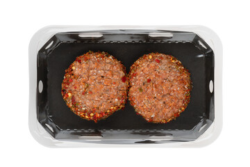 Fresh Chili Burger Filling in plastic box top view cut out isolated transparent background