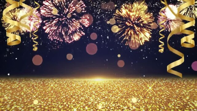 Vivid photorealistic fireworks, glitter, and bokeh celebration with dynamic light, sparkling movement, and drifting streamers