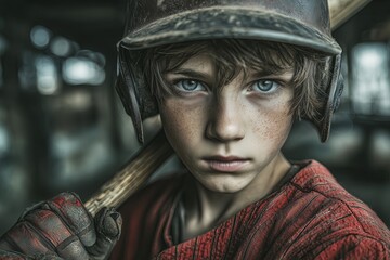 Obraz premium A young child wearing a worn helmet, looking intently with a serious expression. The background is dark and blurred, emphasizing the child's intense gaze. Young baseball player.