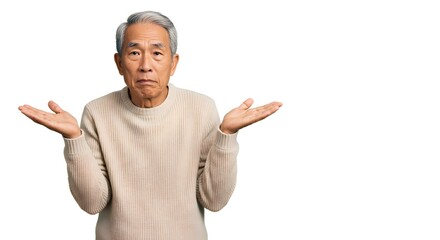 An elderly man in a casual sweater shrugging shoulders confused expression on a white background