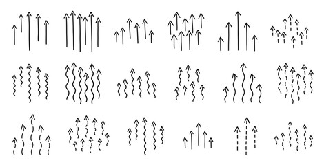 Various Wavy Rising Arrows designs showing upward movement or growth. Hand-drawn vector line icon, set illustration.