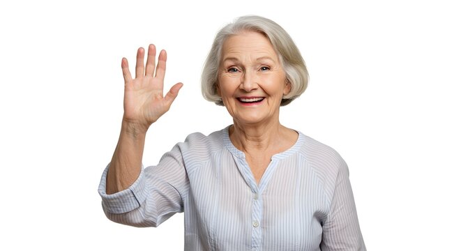 An elderly woman in a casual blouse waving cheerfully on a white background