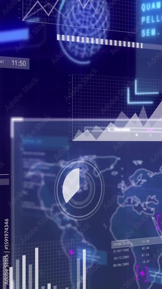 Poster digital data analytics and graphs animation over world map interface