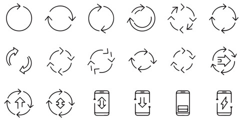 Cyclical Icons: An array of seamless, minimalist circular icons and arrows illustrating concepts like process, refresh, cycle, rotation, and renewal. Representing perpetual motion and change.