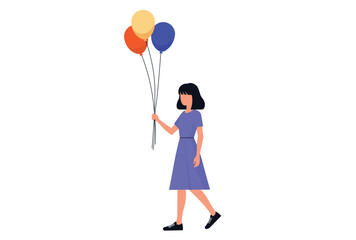 Woman Walking Holding Colorful Balloons vector illustration.