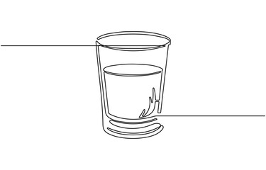 Whiskey glasses in one continuous line drawing. Whisky and liquor with ice cubes for alcohol drink, Hand drawn linear vector illustration. Print, banner, card, poster, sign.