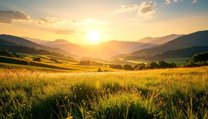 Fototapeta premium Golden sunset over grassy hills and mountains