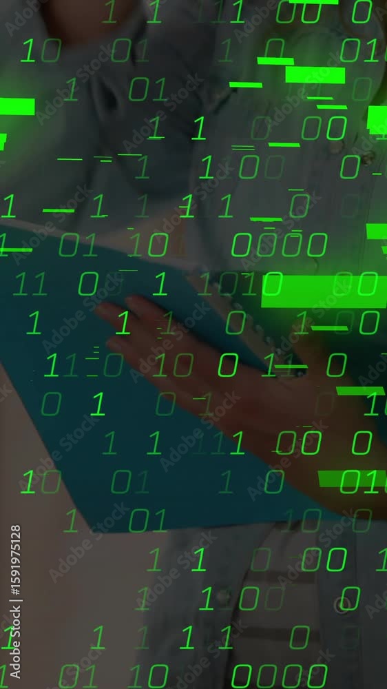 Poster Binary code and green data processing animation over person using tablet
