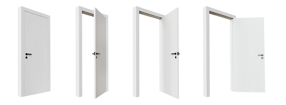 Set of white doors in various stages of opening, isolated on transparent background. 3D render.