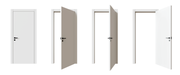 Set of white doors in various stages of opening, isolated on transparent background. 3D render.