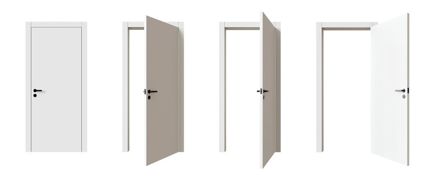 Set of white doors in various stages of opening, isolated on transparent background. 3D render.