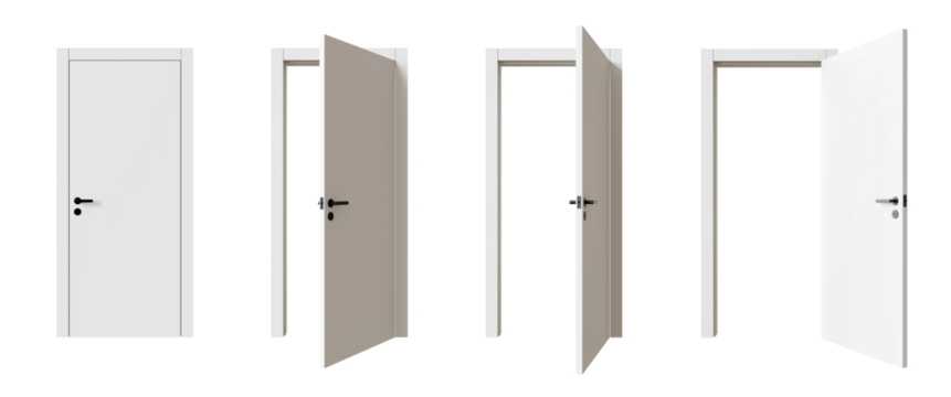 Set of white doors in various stages of opening, isolated on transparent background. 3D render. - Powered by Adobe