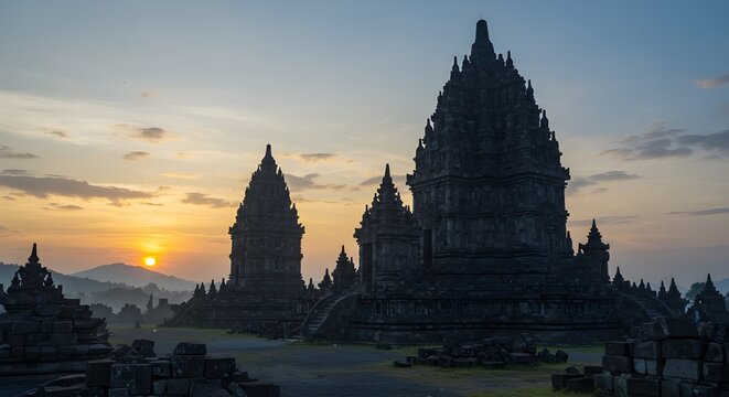 Candi Gedong Songo on a misty mountain slope with detailed stone and moss texture