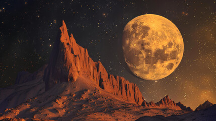 Mountains at Night with Moon and Orange Hues in the Sky, Generative AI Illustration