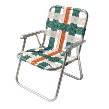 A vintage-style lawn chair with striped green, orange, and cream colors, perfect for outdoor relaxation.