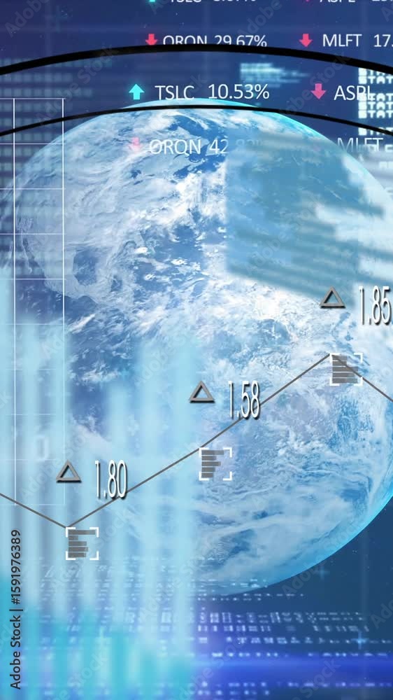 Poster animation of digital globe with data analytics and coding in futuristic interface