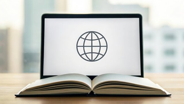 Globe icon embedded inside open book on screen — global access to knowledge
