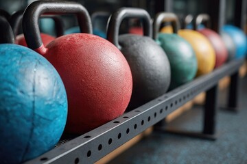 Row of colorful kettlebells on a gym rack