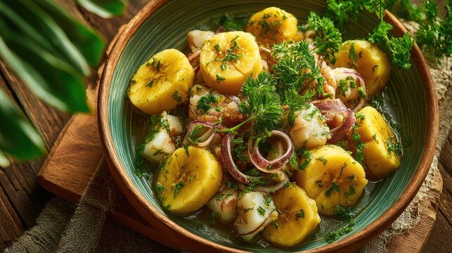 St Lucia dish Green Fig and Saltfish Boiled bananas with salted cod yellow and white mix