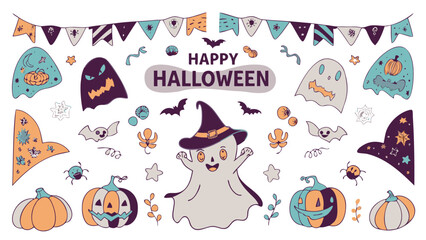 Happy halloween themed vector illustration with ghosts pumpkins and bats on a white background