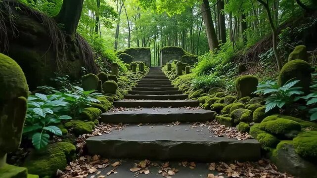 Eerie stone stairs with moss-covered statues in a dark forest, a scene of mystery and ancient allure.
